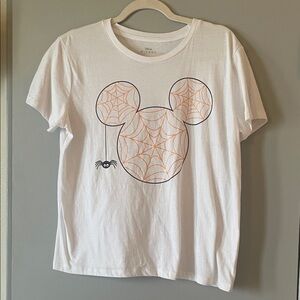 Disney White Tee with Orange Spiderweb Mickey Graphic Halloween